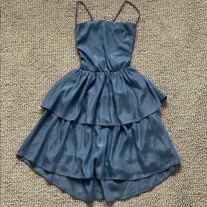 Lucy in the Sky Blue Shiny Iridescent Ruffle Lace Up Mini Dress
